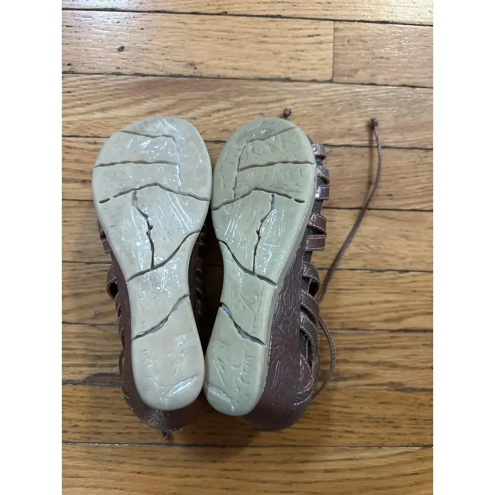 Leather Strappy Wedge Sandals Brown Comfort Walking Shoes Women’s Size 4